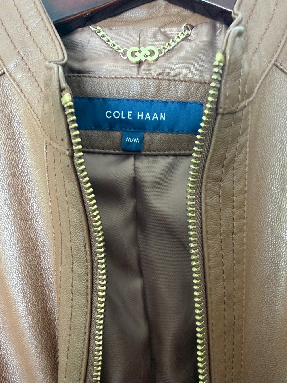 Cole Haan Japan Brown Genuine Leather Moto Jacket Gold Hardware Size M NWOT - Picture 7 of 16